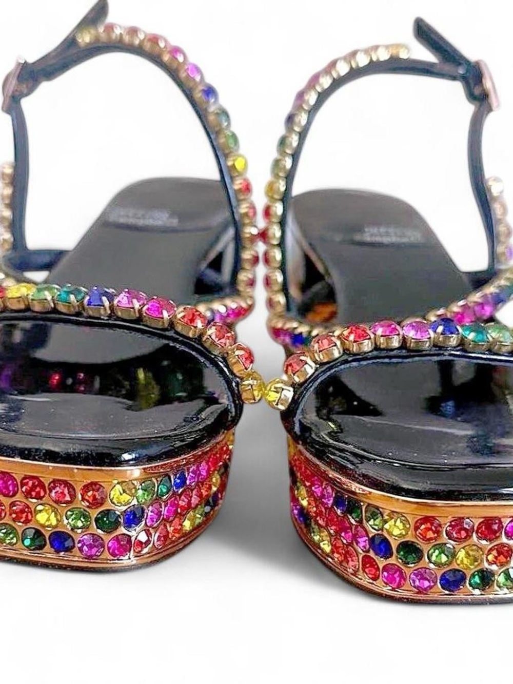 Jeffrey Campbell Black Platform Sandals with Multicolor Crystal Embellishment